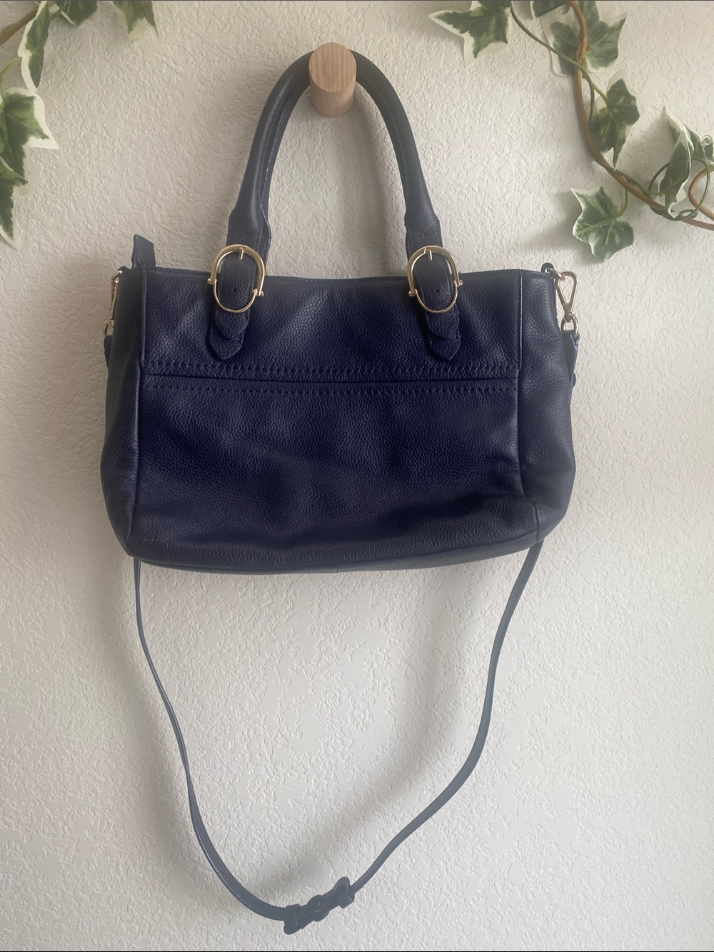 Cole Haan Navy Leather Shoulder Satchel with Gold Hardware - Picture 2 of 4